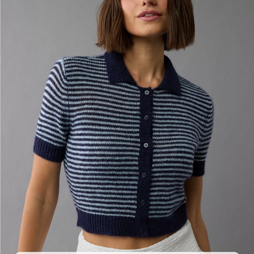 AE Striped Button-Up Cropped Sweater Polo Shirt